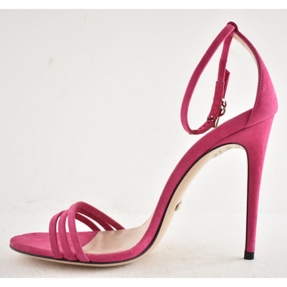 Gucci Ilse Bright Fuxia Pink Suede Crystal GG Logo Ankle Strap Heel Sandal 36 - Picture 5 of 14